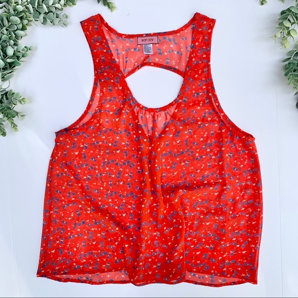 San Joy Sheer Tank Top with Cat Print, Keyhole - Picture 1 of 4